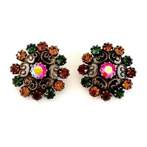 Vintage Albert Weiss Muli-coloured Filigree Clip On Earrings